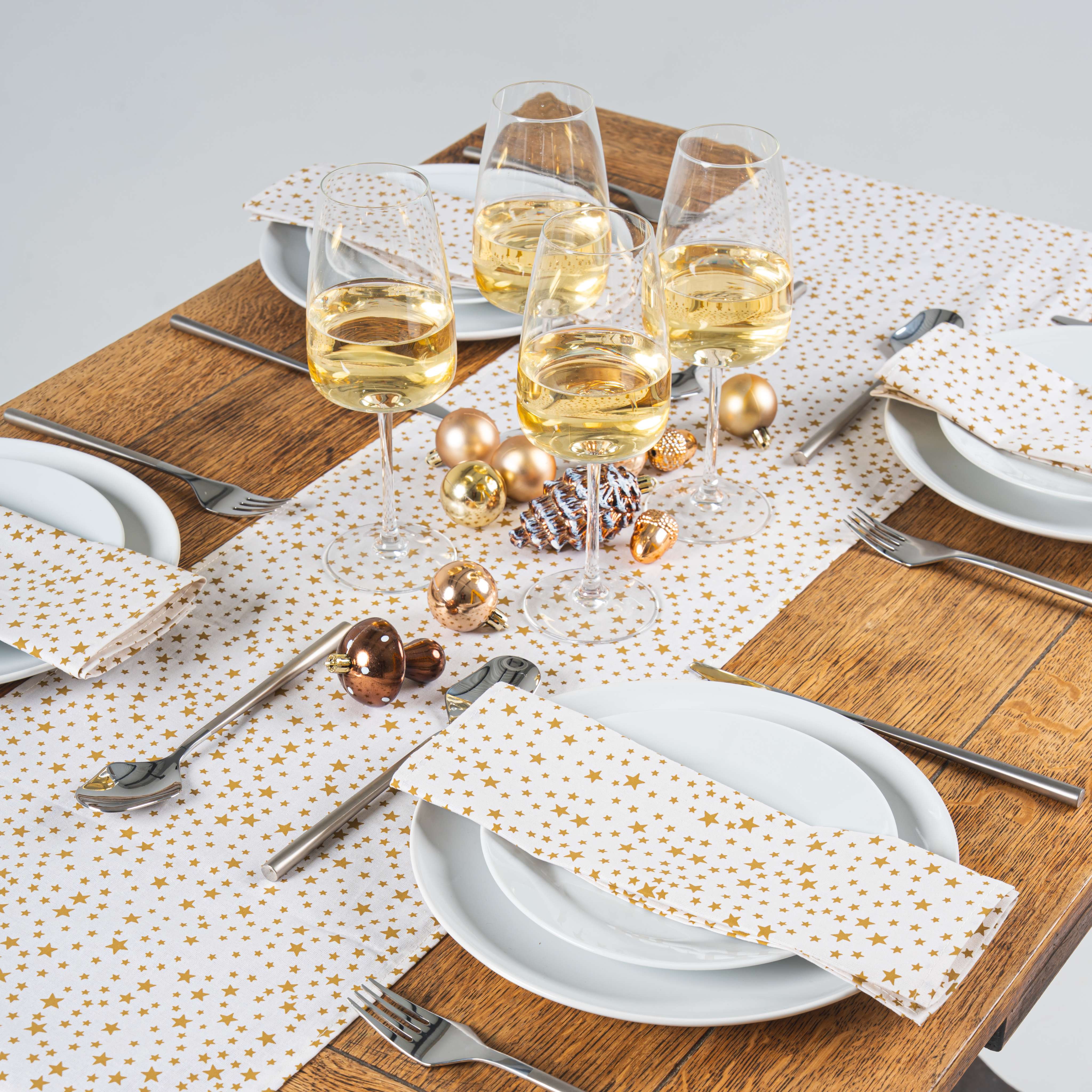 Cream and Gold Christmas Stars Christmas 100% Cotton Fabric Table Runner