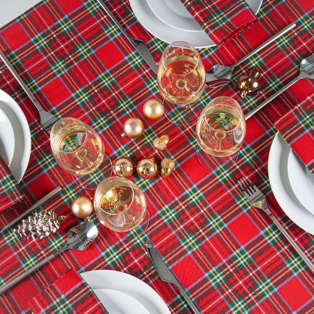 Red and Green Tartan Fabric Christmas Tablecloth Overhead Table Setting