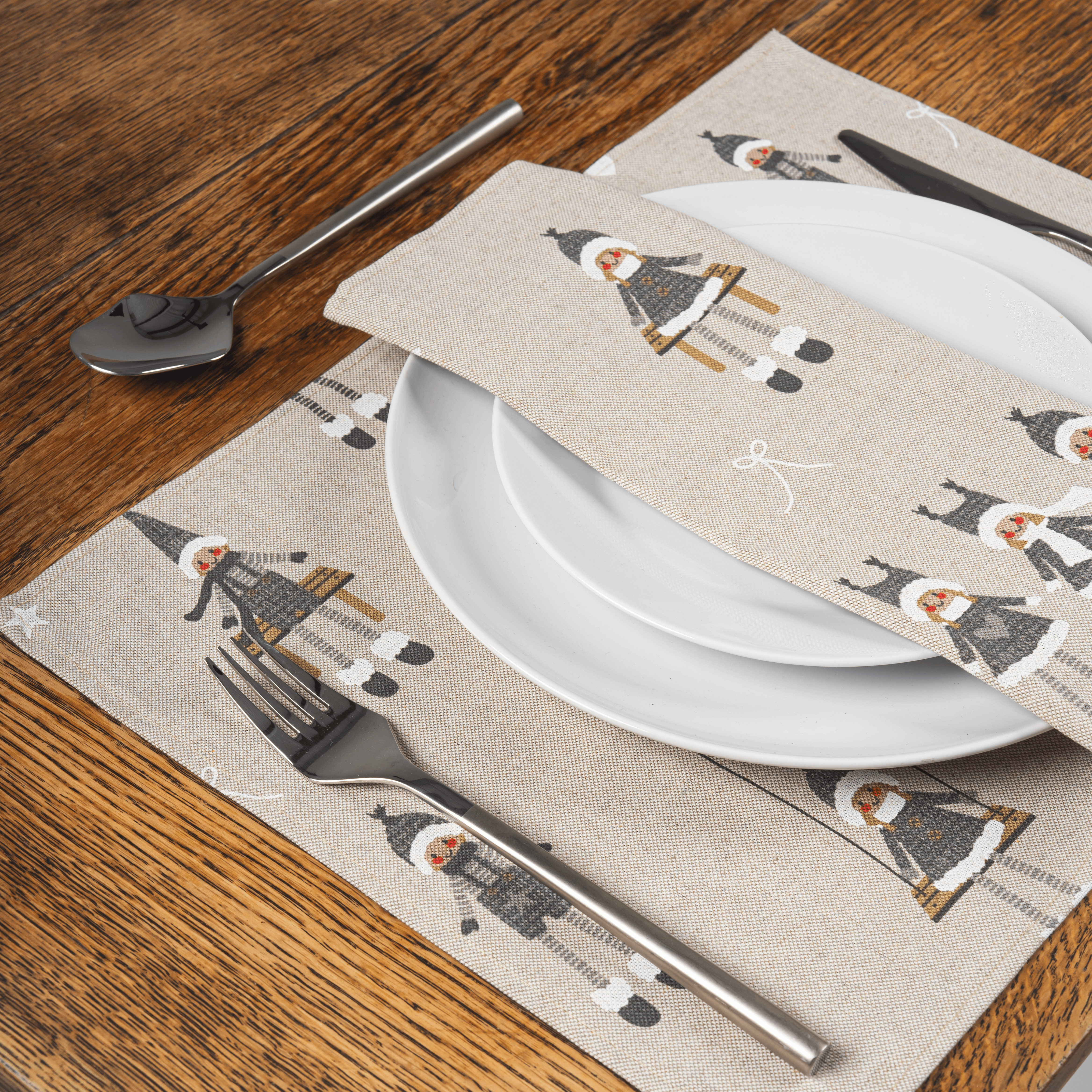 Grey and White Christmas Dolls Fabric Placemat 