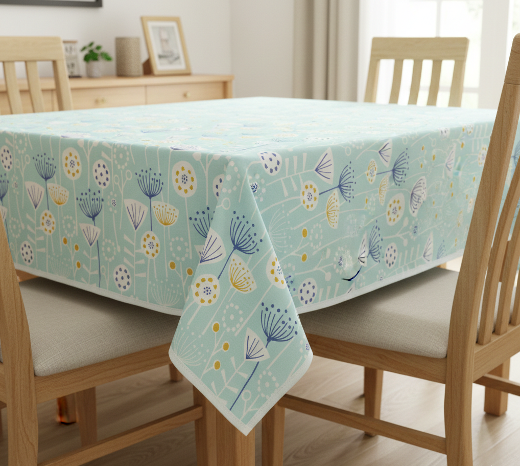 Bergen Duck Egg Floral Scandinavian Oilcloth WITH BIAS-BINDING HEMMED EDGING Wipe Clean Tablecloth Matte Finish