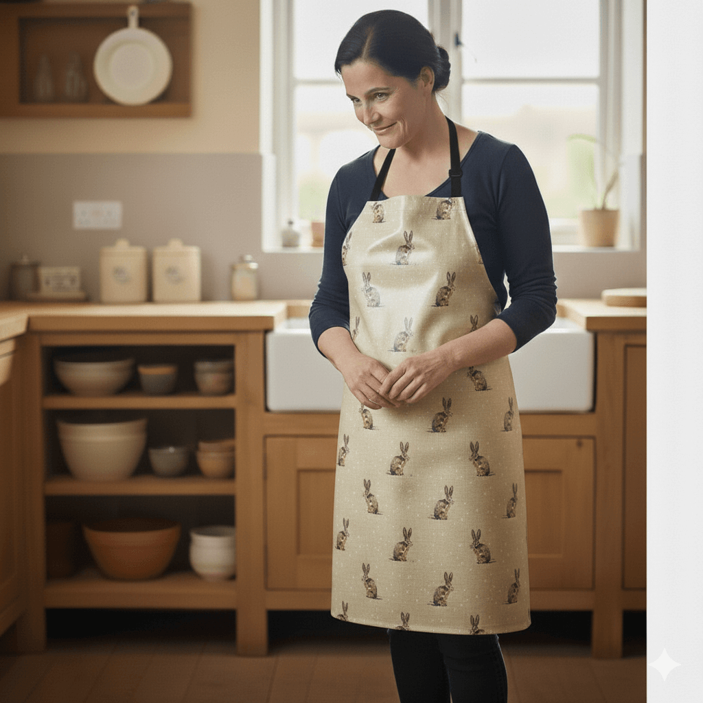 Hartley Hare Rabbits Matte Finish Oilcloth Apron On a lady in a kitchen