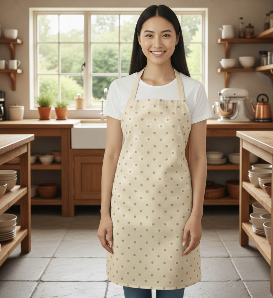 Dotty Natural Cream Taupe Polka Dot Oilcloth Wipe Clean Apron
