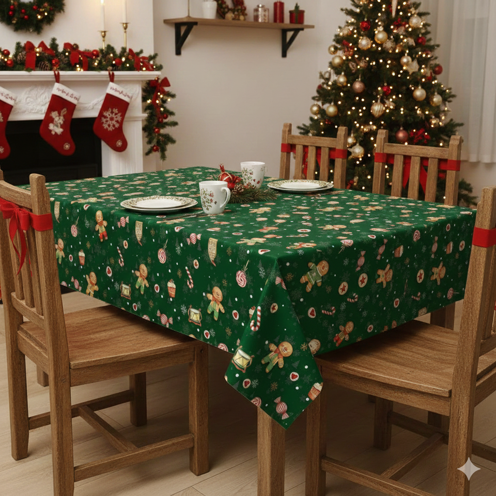 Green Christmas Gingerbread and Candy Cane PVC Vinyl Wipe Clean Tablecloth