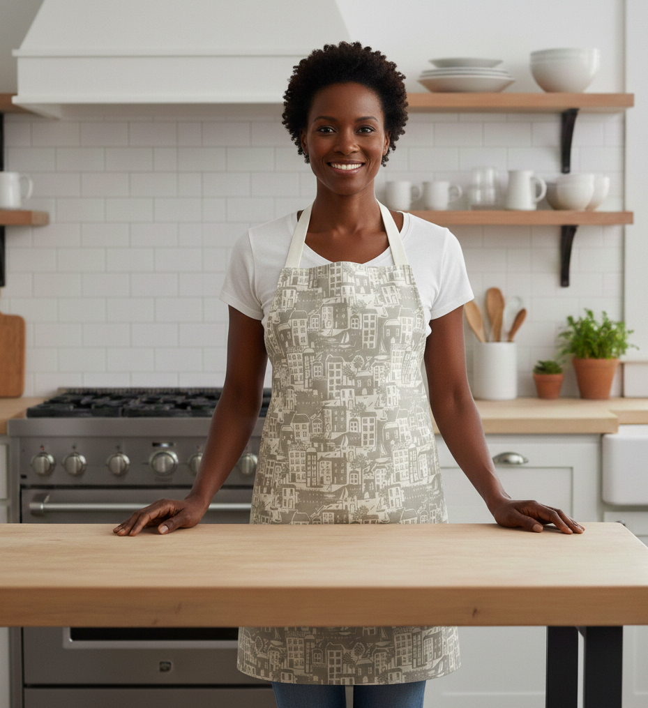 Taupe Nautical Seaside Scene Oilcloth Wipe Clean Apron