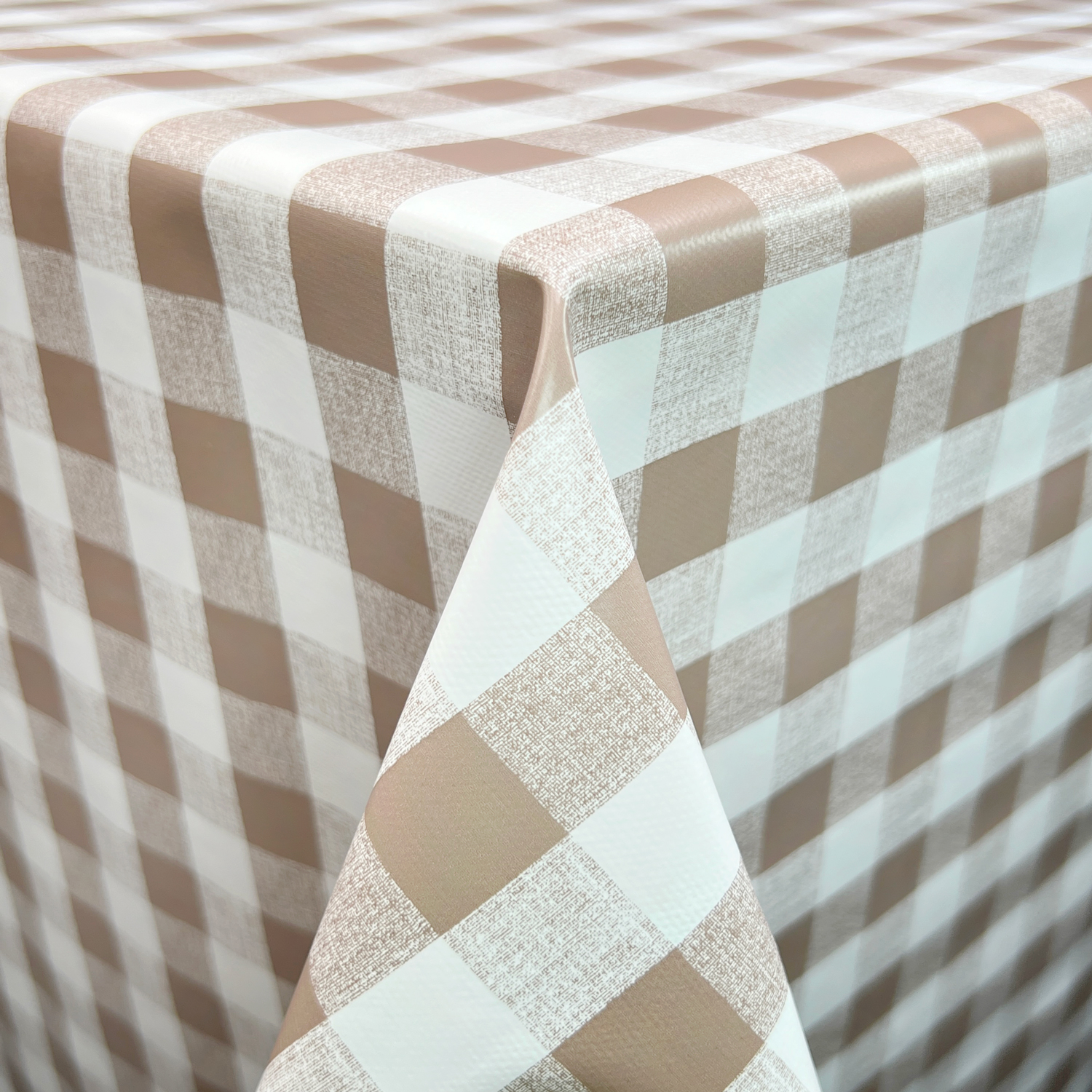 140cm x 200cm Taupe and White Gingham Check PVC Vinyl Wipe Clean Tablecloth Wholesale