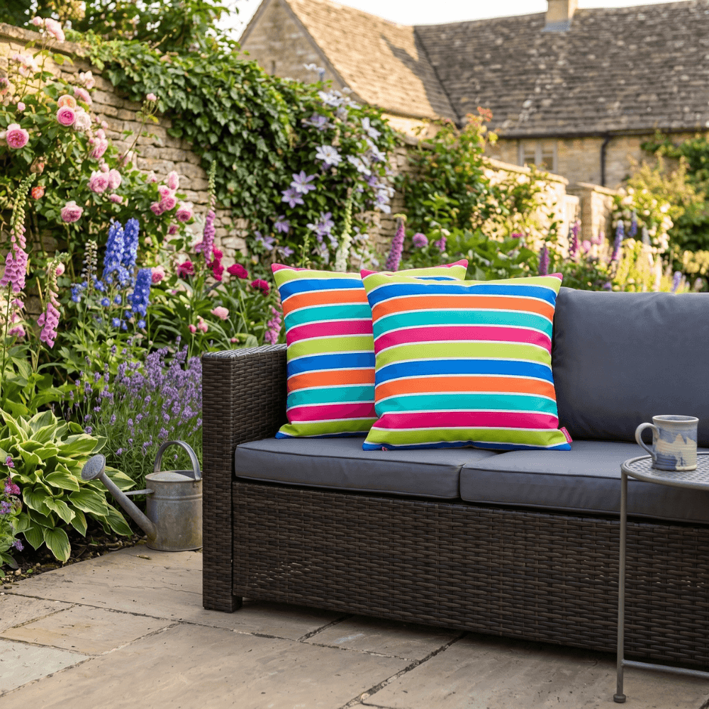 Vibrant Multi Stripe Water Repellent Fabric Outdoor Cushion Cover