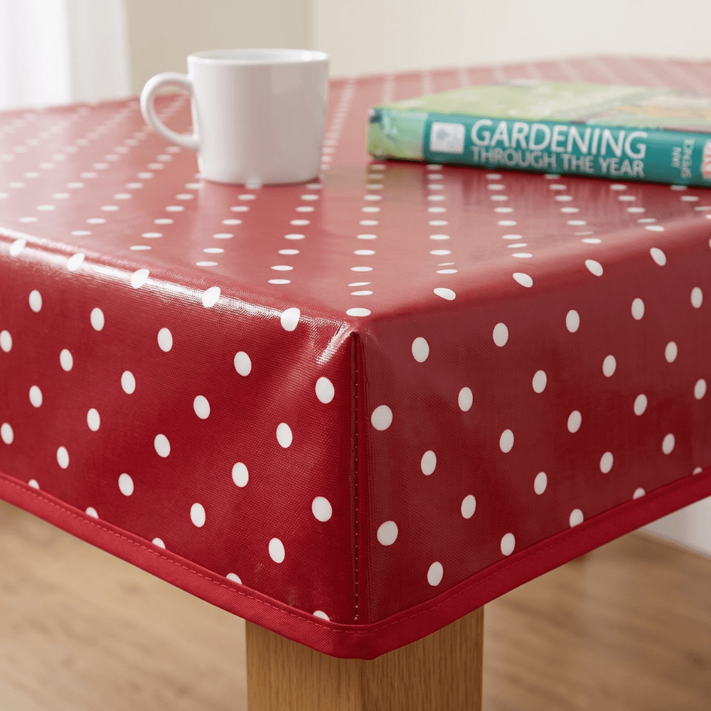 Dotty Red Polka Dot Oilcloth WITH BOXED CORNERS & BIAS-BINDING Wipe Clean Tablecloth