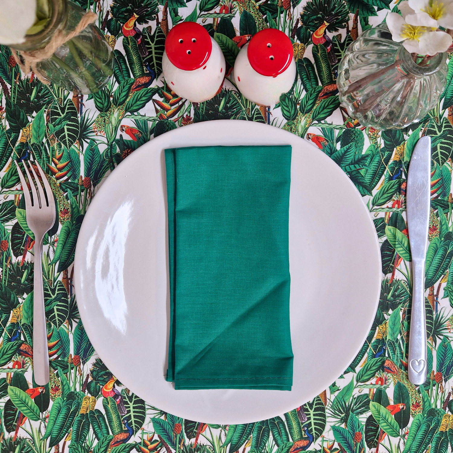 Black Green Rainforest Tropical Animals Floral Fabric Tablecloth