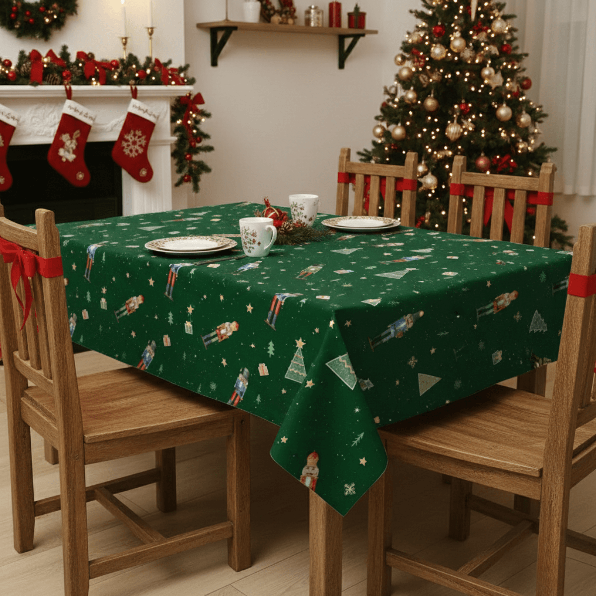 Green Christmas Toy Soldiers and Trees Nutcracker PVC Vinyl Wipe Clean Tablecloth