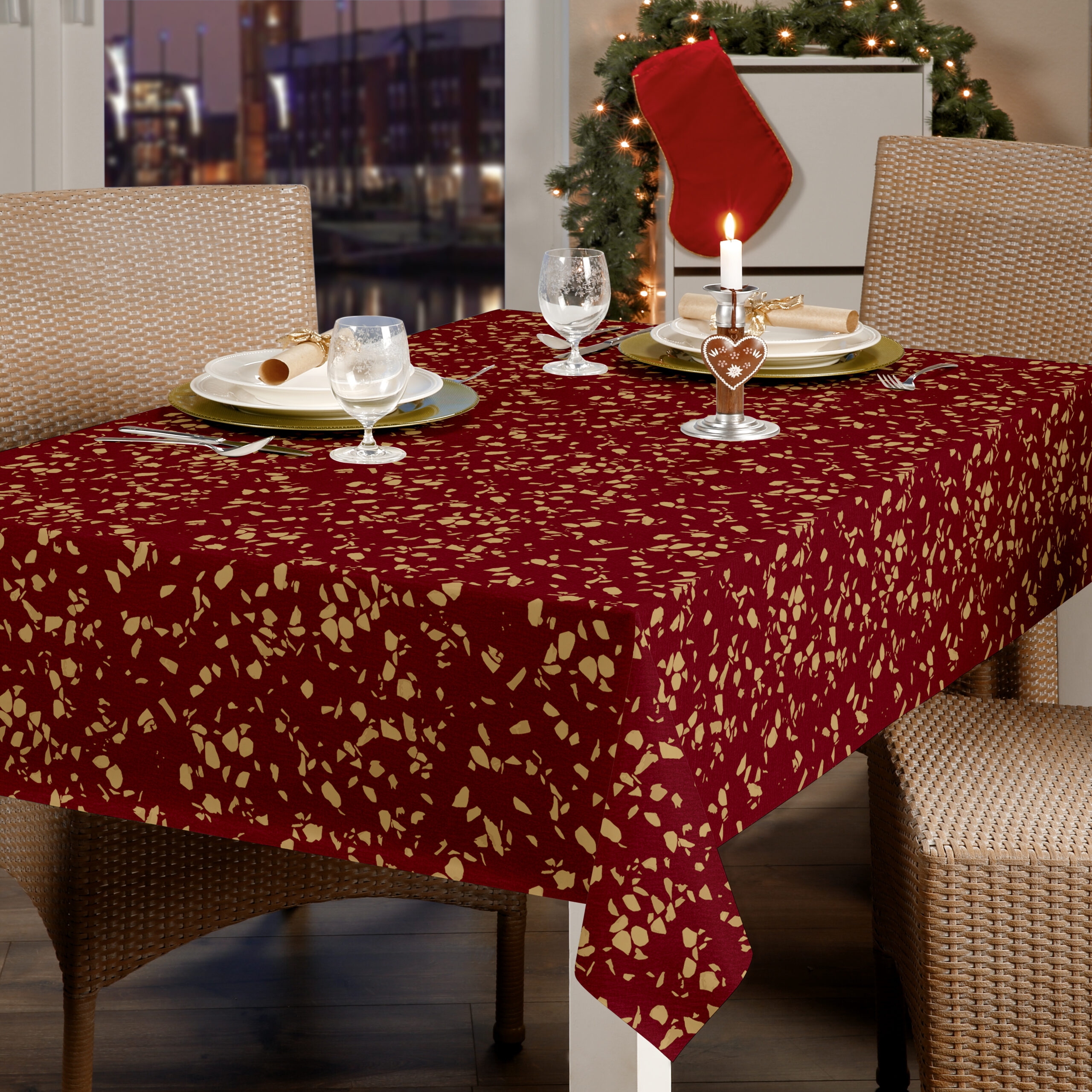Christmas Red With Gold Confetti PVC Vinyl Wipe Clean Tablecloth (LIMITED STOCK)