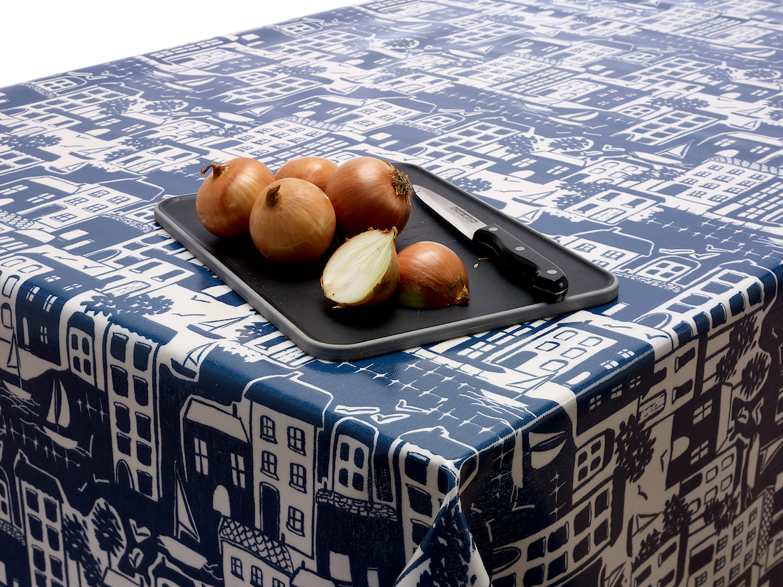 Royal Blue Nautical Seaside Scene Oilcloth WITH BIAS-BINDING HEMMED EDGING Wipe Clean Tablecloth
