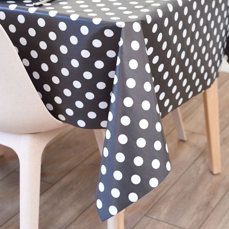 Smoke Grey and White Polka Dot 20 Metre Roll PVC Vinyl Tablecloth Roll