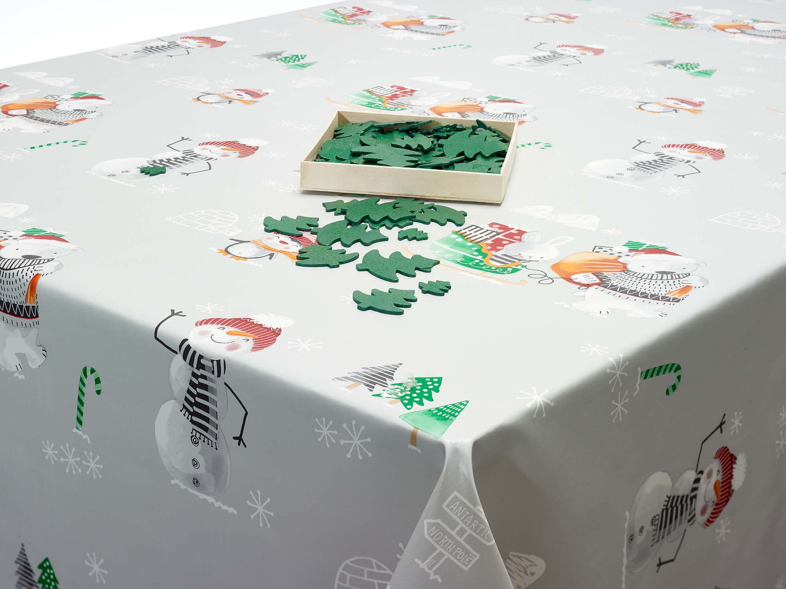 Grey Polar Bears and Snowman Christmas PVC Vinyl Wipe Clean Tablecloth