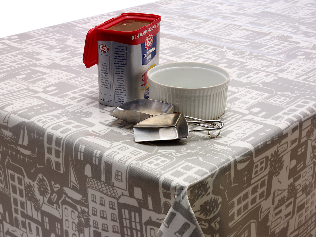 Taupe Nautical Seaside Scene Oilcloth WITH BIAS-BINDING HEMMED EDGING Wipe Clean Tablecloth