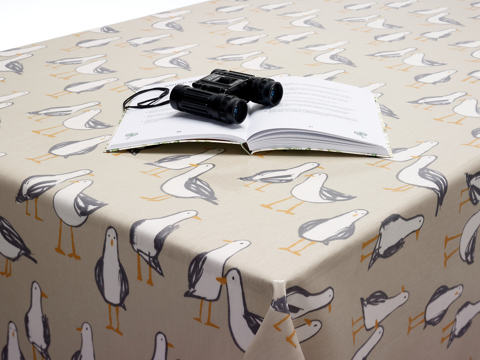 Taupe and White Seagulls Oilcloth WITH BIAS BINDING HEMMED EDGING Wipe Clean Tablecloth
